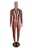 Orange Sexy Striped Print Turndown Collar Long Sleeve Two Pieces
