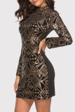 Gold Fashion Sexy Embroidery Sequins Patchwork Half A Turtleneck Long Sleeve Dresses