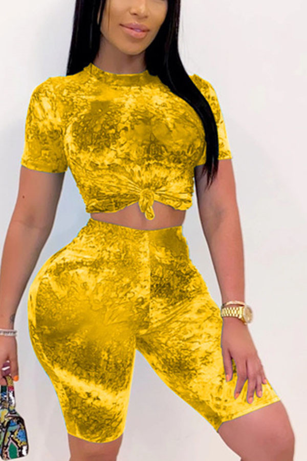Yellow Fashion Casual adult Ma'am O Neck Print Two Piece Suits Stitching Plus Size