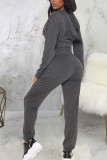 Grey Fashion Sexy Adult Polyester Solid Split Joint Hooded Collar Long Sleeve Regular Sleeve Short Two Pieces