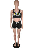 Black Polyester Sexy Fashion Patchwork Letter Print Straight Sleeveless Two-Piece Short Set