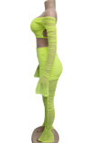 Fluorescent Yellow Polyester Sexy Europe and America Solid Draped pencil Long Sleeve Two Pieces
