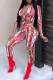 Red Sexy Print Bandage Turndown Collar Three Quarter Two Pieces