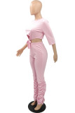 Pink Polyester Street Solid Draped Straight Half Sleeve Two Pieces