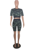 Multicolor Casual Camouflage Print Patchwork O Neck Short Sleeve Two Pieces