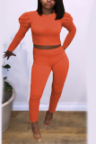 Tangerine Red Casual Solid Patchwork O Neck Long Sleeve Two Pieces