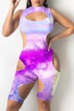 Yellow Fashion Sexy Print Tie Dye Hollowed Out O Neck Skinny Romper