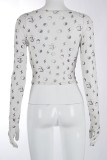 White Sweet Print Hollowed Out Patchwork See-through O Neck Mid Waist Tops