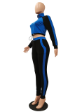 Blue Casual Solid Patchwork Zipper Collar Long Sleeve Two Pieces