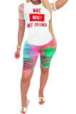Blue Fashion Casual Print Tie Dye Burn-out Two Piece Suits pencil Short Sleeve Two Pieces