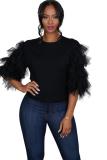 White O Neck Half Sleeve Mesh Solid Patchwork