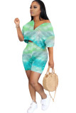 Green Fashion adult Ma'am OL Patchwork Print Tie Dye pencil Short Sleeve Two Pieces