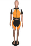Orange Fashion Sportswear Patchwork Basic Zipper Collar Short Sleeve Two Pieces