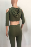 Ink Green Sportswear Solid Ripped Hooded Collar Three Quarter Two Pieces