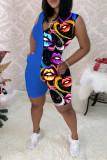 Blue Fashion Casual Print Patchwork Zipper Collar Skinny Romper