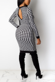 Black White Casual Plaid Patchwork O Neck Wrapped Skirt Dresses