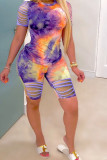 Dark Blue Polyester Fashion Sexy Print Tie Dye Burn-out Two Piece Suits pencil Short Sleeve Two Pieces