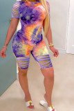 Pink Polyester Fashion Sexy Print Tie Dye Burn-out Two Piece Suits pencil Short Sleeve Two Pieces