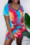 Multicolor Fashion Casual Tie Dye Printing V Neck Short Sleeve Dress Dresses