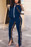 Navy Blue Blends Casual Leopard Patchwork Print pencil Long Sleeve Two Pieces