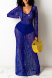 Red Fashion Sexy Solid Hollowed Out See-through Hooded Collar Long Sleeve Dresses