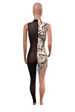 Burgundy Fashion Sexy Print Split Joint See-through Half A Turtleneck Skinny Jumpsuits