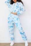Blue Fashion Casual Street Plush Gradual Change Print Tie Dye Draw String Pocket Frenulum Tie-dye Pants Hooded Collar Long Sleeve Regular Sleeve Short Two Pieces