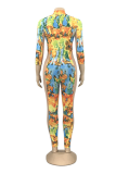 Rose Red Sexy Patchwork Tie-dye Zipper Collar Skinny Jumpsuits