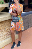 Light Yellow Casual Letter Print Tie-dye O Neck Pencil Skirt Dresses