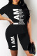 Black Fashion Casual Letter Print Basic O Neck Short Sleeve Two Pieces
