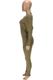 Khaki Daily Polyester Letter Split Joint O Neck Long Sleeve Regular Sleeve Two Pieces