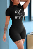 Black Fashion Casual Letter Print Basic Turtleneck Skinny Romper