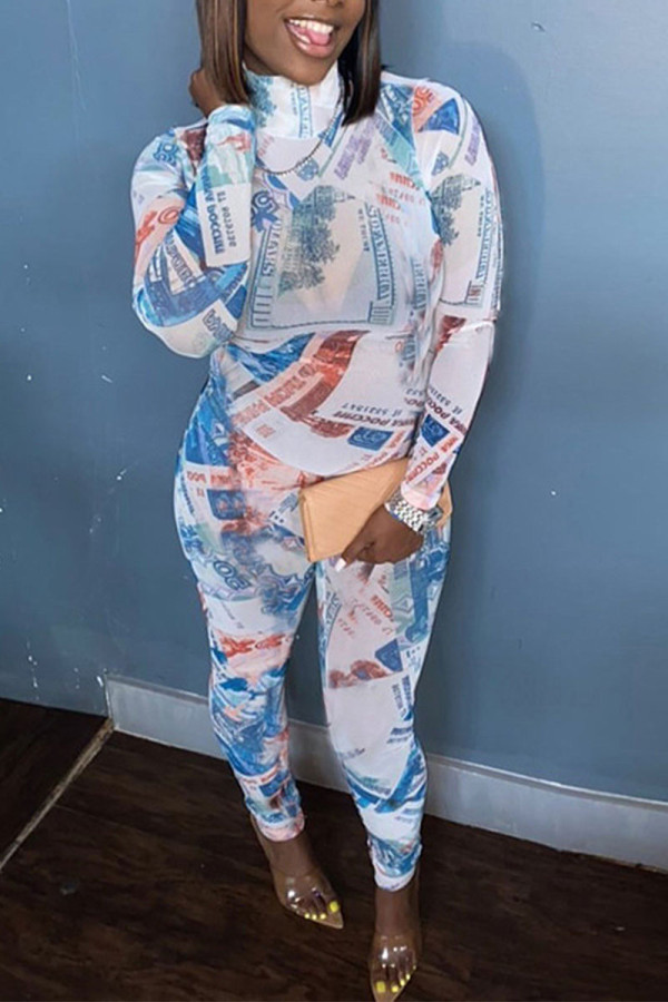 Blue Sportswear Print Without Belt O Neck Regular Jumpsuits