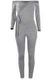 Dark Gray Sexy Solid bandage Patchwork Long Sleeve V Neck Jumpsuits