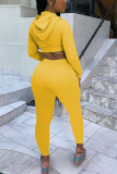 Yellow Fashion Sexy Adult Solid Hooded Collar Long Sleeve Cap Sleeve Short Two Pieces