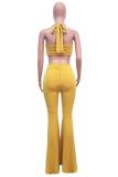 Yellow Polyester Sexy Fashion adult Bandage backless Solid Two Piece Suits Boot Cut Sleeveless Two-piece P