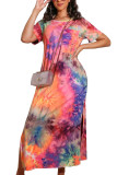 Blue Polyester Europe and America Short Sleeves O neck Pencil Dress Ankle-Length Print Tie and dye Dresses