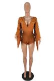 Brown Fashion Sexy Hollow tassel Backless Polyester Long Sleeve V Neck Rompers