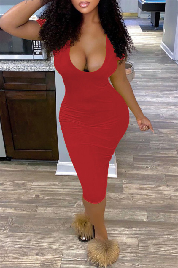 Red Fashion Sexy Solid Basic V Neck Short Sleeve Dress