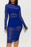 Deep Blue Cap Sleeve Long Sleeves O neck Pencil Dress Knee-Length Patchwork Print Dresses