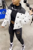 White Casual Dot Patchwork Turndown Collar Outerwear