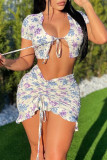 Purple Fashion Sexy Print Strap Design O Neck Short Sleeve Two Pieces