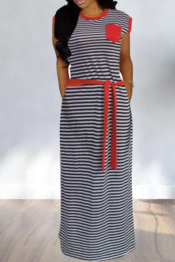 Red Casual Striped Patchwork O Neck Straight Dresses