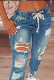 Blue Fashion Casual Solid Ripped Patchwork Mid Waist Regular Jeans