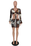 Coffee Fashion Sexy Print Strap Design V Neck Long Sleeve Two Pieces