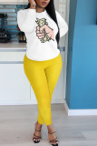 Yellow Polyester Casual Print pencil Long Sleeve Two Pieces