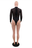 Black Fashion Sexy Patchwork See-through Half A Turtleneck Skinny Romper