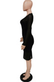 Black Fashion Sexy Adult Milk Fiber Solid Split Joint O Neck Long Sleeve Regular Sleeve Two Pieces
