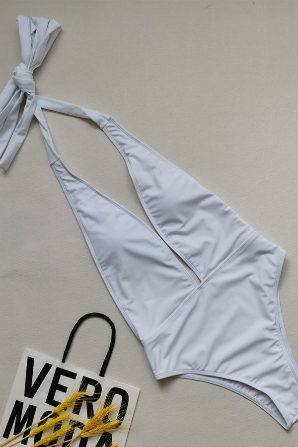 White Sexy Striped Solid Cross Straps Swimwears