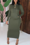Green Elegant Solid Patchwork Hooded Collar Pencil Skirt Dresses